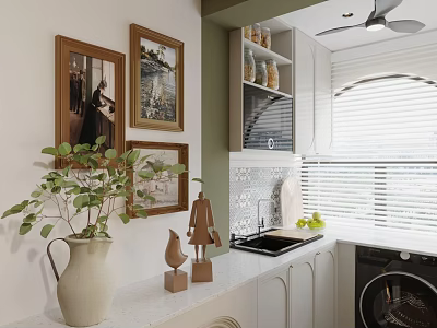 Bright White Kitchen Interior With Framed Paintings Green Plant White Countertop And Wooden Decor 3d model