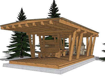 Wooden Pavilion With Sloped Roof And Support Columns Surrounded By Pine Trees 3d model