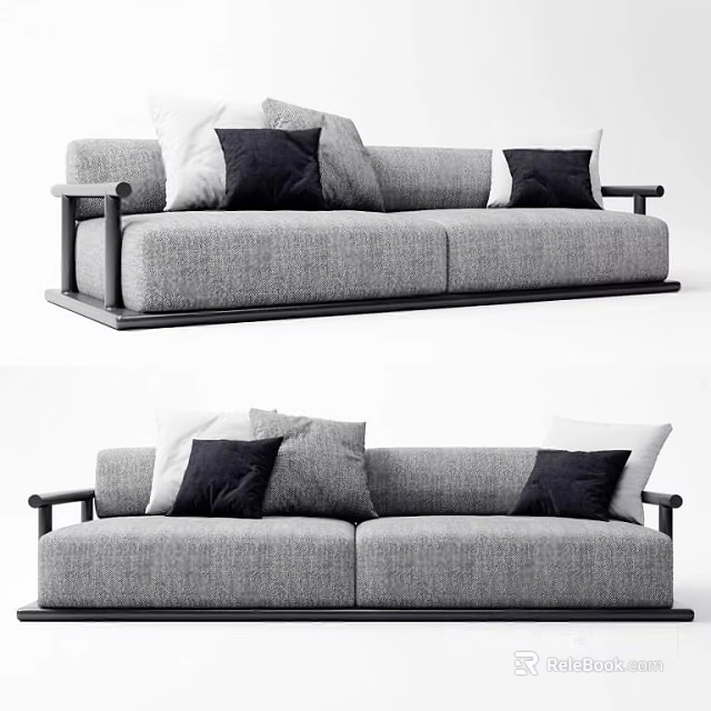 Modern Gray Two-Seater Sofa With Black White Cushions And Black Armrests 3d model