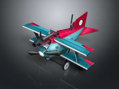 Colorful Toy Biplane Model With Blue Red Wings And Dual Propellers 3d model