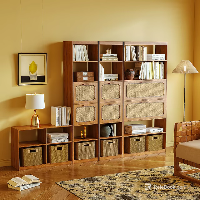 Wooden Bookcase With Multiple Shelves Woven Baskets Table Lamp And Books 3d model 