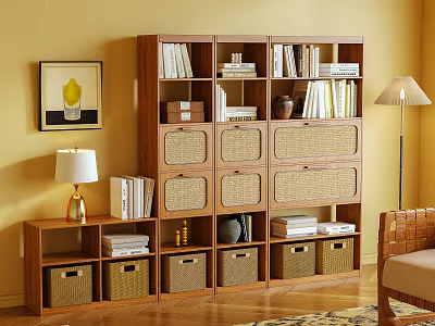 Wooden Bookcase With Multiple Shelves Woven Baskets Table Lamp And Books 3d model