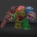 Smart Robot With Heavy Metallic Armor Glowing Orange Head Holding Blaster Gun