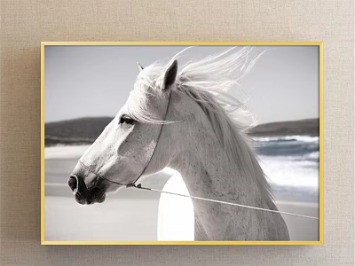 White Horse Animal Painting with Flowing Mane Coastal Seaside View and Golden Frame 3d model