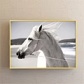 White Horse Animal Painting with Flowing Mane Coastal Seaside View and Golden Frame