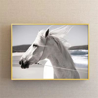 White Horse Animal Painting with Flowing Mane Coastal Seaside View and Golden Frame 3d model