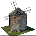 Old Brick Windmill Tower With Weathered Walls Wooden Blades And Grass Area