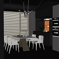 Modern Open Restaurant Kitchen With Dining Table White Chairs Cabinets And Chandelier