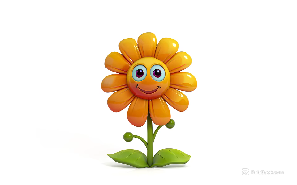 Adorable Yellow Flower with Smiling Face Blue Eyes Green Stem and Leaves on White Background 3d model 