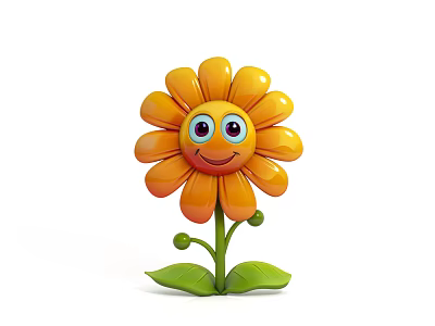 Adorable Yellow Flower with Smiling Face Blue Eyes Green Stem and Leaves on White Background 3d model