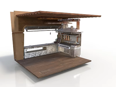 Rustic Outdoor Kitchen Station With Wooden Roof Metal Cooking Equipment And Platform 3d model