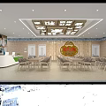 Chinese Style Hotel Lobby With Wooden Furniture Reception Desk And Ceiling Character Decorations