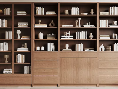 Modern Wooden Bookcase With Open Shelves Books Decorative Vases And Storage Drawers 3d model