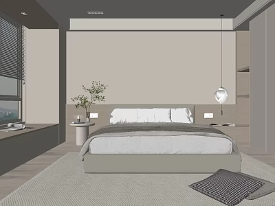 Modern Bedroom Double Bed With White Pillows Bedside Plant And Hanging Lamp 3d model