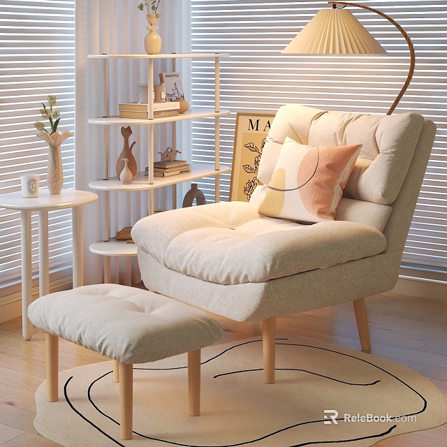 Comfortable Linen Ottoman With Soft Cushion Wooden Legs And Accent Pillow On Round Rug 3d model 