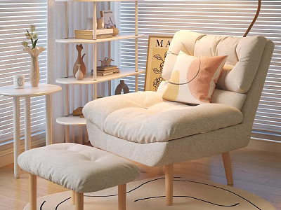 Comfortable Linen Ottoman With Soft Cushion Wooden Legs And Accent Pillow On Round Rug 3d model
