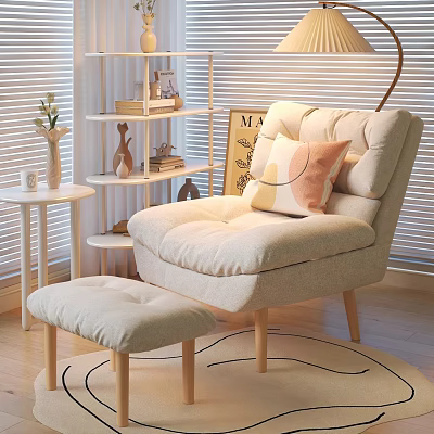 Comfortable Linen Ottoman With Soft Cushion Wooden Legs And Accent Pillow On Round Rug 3d model