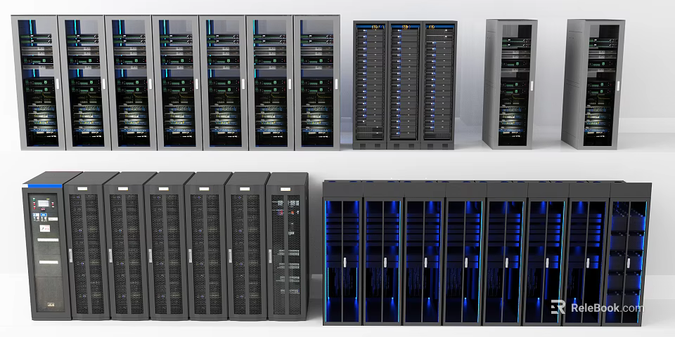 Multiple Computer Server Racks With Blue LED Lights And Black Gray Cabinets 3d model 