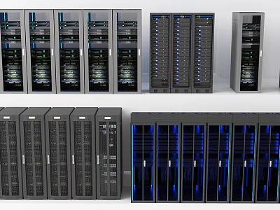 Multiple Computer Server Racks With Blue LED Lights And Black Gray Cabinets 3d model