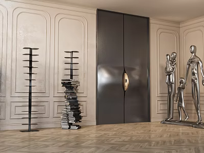 Elegant Double Doors In Interior With Decorative Wall Herringbone Floor And Silver Sculptures 3d model