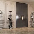 Elegant Double Doors In Interior With Decorative Wall Herringbone Floor And Silver Sculptures