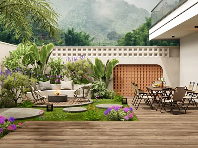 Courtyard Garden With Wooden Deck Sofa Fire Pit Dining Tables Colorful Flowers And Mountain View 3d model