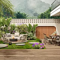 Courtyard Garden With Wooden Deck Sofa Fire Pit Dining Tables Colorful Flowers And Mountain View