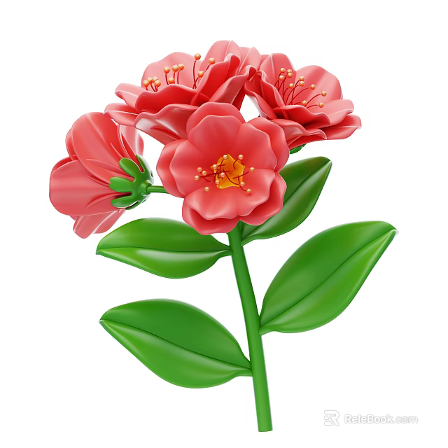 Blooming Pink Flowers With Green Leaves And Yellow Stamens On Green Stem 3d model 