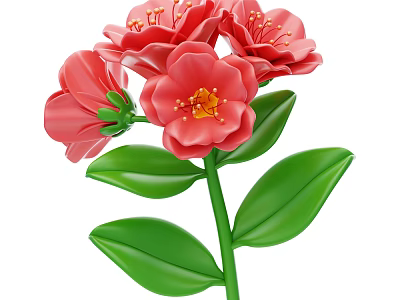 Blooming Pink Flowers With Green Leaves And Yellow Stamens On Green Stem 3d model