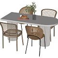 Modern Oval Dining Table Set with Rattan Chairs and Decorative Plant 3d model