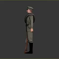 Man in Military Uniform Standing Tall with Rifle Against Grey Background
