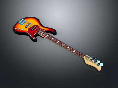 Electric Bass With Orange Red Gradient Body Black Neck White Fret Markers And Gray Background 3d model