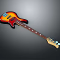 Electric Bass With Orange Red Gradient Body Black Neck White Fret Markers And Gray Background