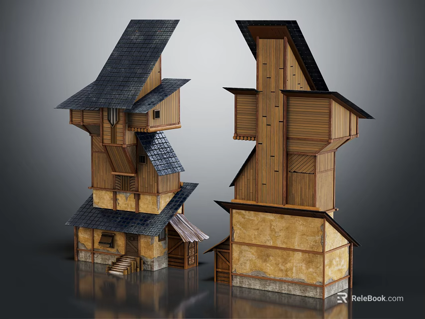 Unique Multi Level Wooden Houses With Sloped Roofs And Stone Base 3d model 