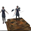 Woman Wearing Plaid Skirt Vest Blouse Holding Wand With Flying Scarf And Blue Magical Light