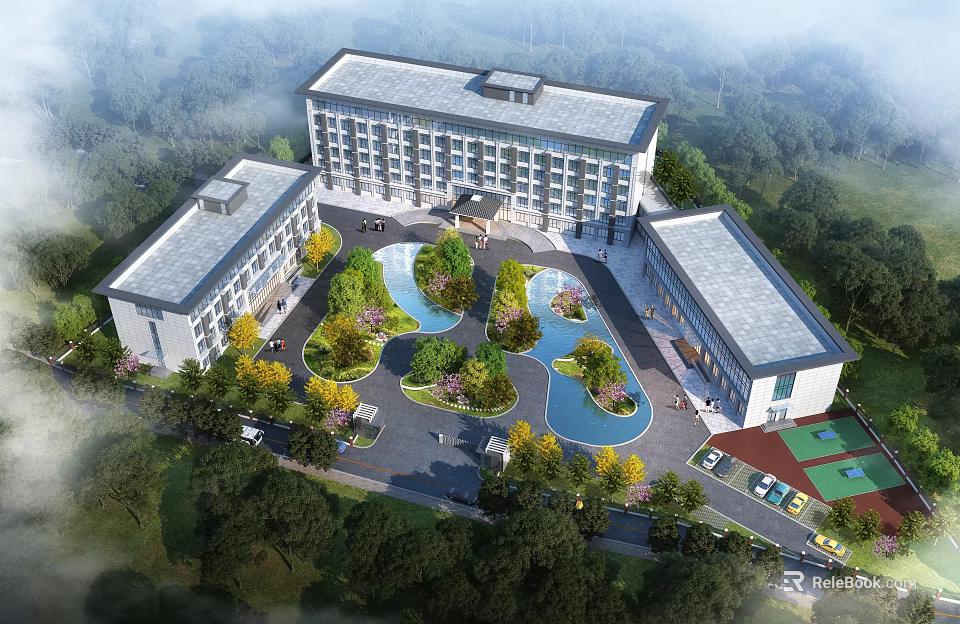 Modern Building Complex With Landscaped Gardens Green Surroundings Water Features And Sports Courts 3d model 