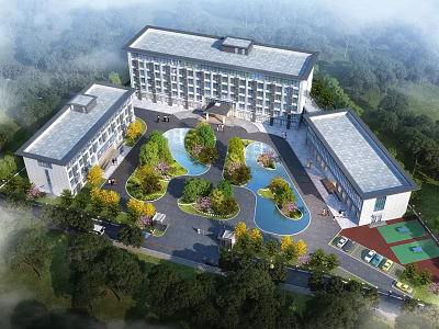 Modern Building Complex With Landscaped Gardens Green Surroundings Water Features And Sports Courts 3d model
