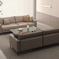 Modern Living Room With Beige Leather Sofas Glass Coffee Table And Window Blinds 3d model
