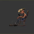 Game Movie Character Wearing Straw Hat Blue Overalls Sitting On Wooden Chair Holding Smartphone