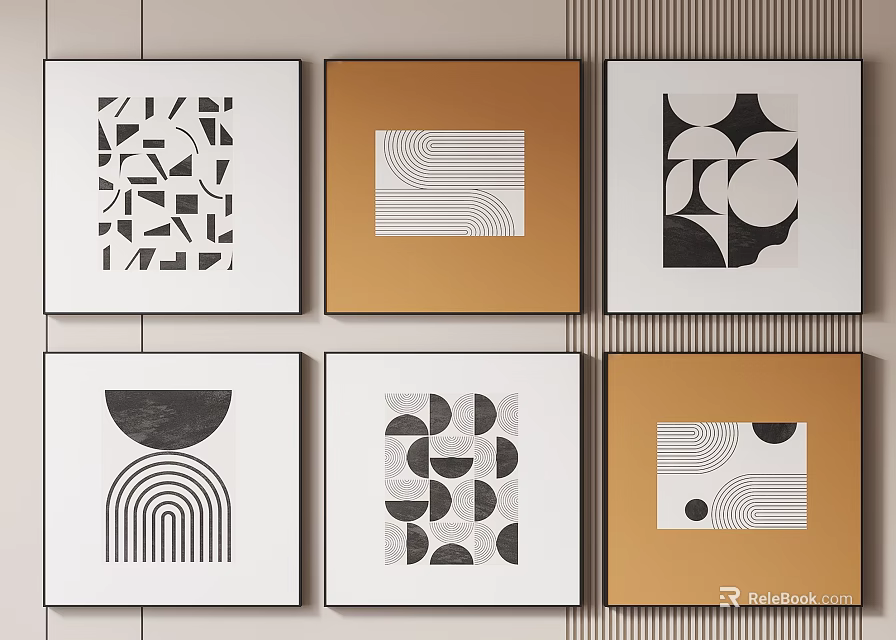 Modern Abstract Paintings With Geometric Patterns Black And White Gold Frames Wall Art 3d model 
