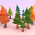 Colorful Trees with Vibrant Red Orange Yellow Green Blue Foliage in Cartoon 3D Model Style