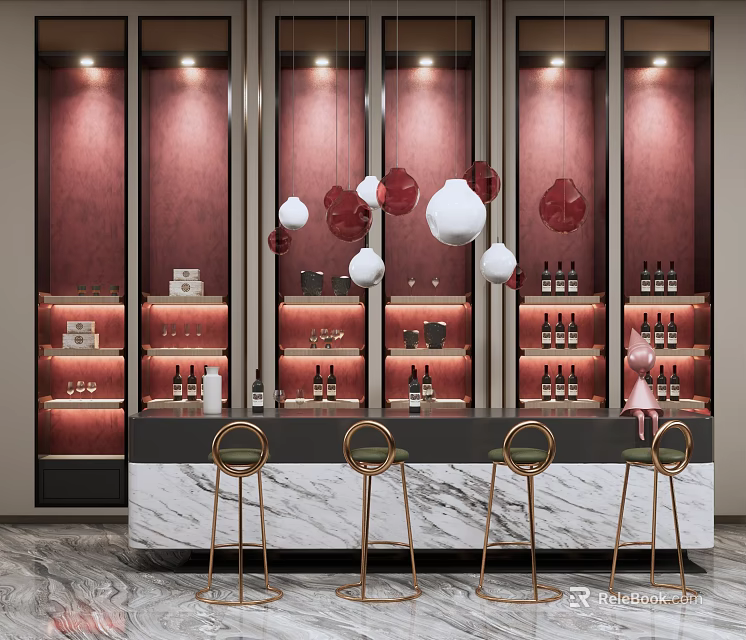 Luxurious Bar Counter With Marble Top Wine Shelves Pendant Lights And Golden Stools 3d model 
