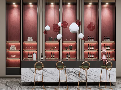 Luxurious Bar Counter With Marble Top Wine Shelves Pendant Lights And Golden Stools 3d model