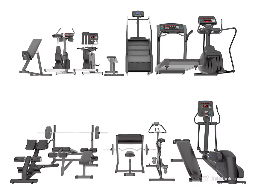 Essential Home Fitness Equipment Including Treadmill Dumbbells Bench Elliptical And Exercise Bike 3d model 