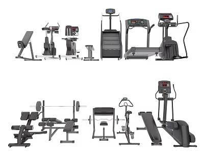 Essential Home Fitness Equipment Including Treadmill Dumbbells Bench Elliptical And Exercise Bike 3d model