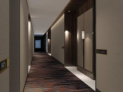 Hotel Corridor With Wooden Panels Soft Lighting Patterned Carpet And Room Number Plates 3d model