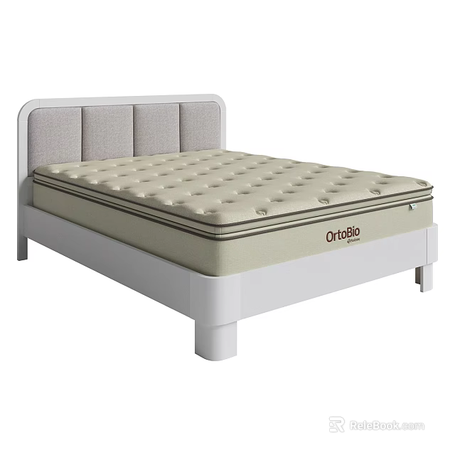 Double Bed With White Frame Gray Upholstered Headboard And Orteda Quilted Spring Mattress 3d model 