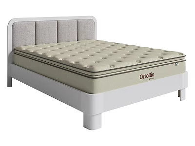 Double Bed With White Frame Gray Upholstered Headboard And Orteda Quilted Spring Mattress 3d model
