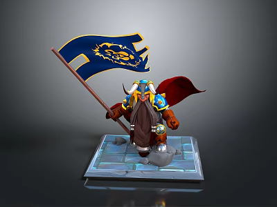Man In Golden Armor Holding Blue Flag With Yellow Lion And Red Cape 3d model