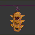 Worn Yellow Traffic Light Hanging From Wire With Three Lights On Gray Background